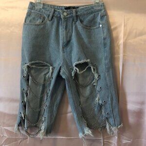 Misguided Denim Distressed Shorts Chain Details US Size 2 Good Condition
